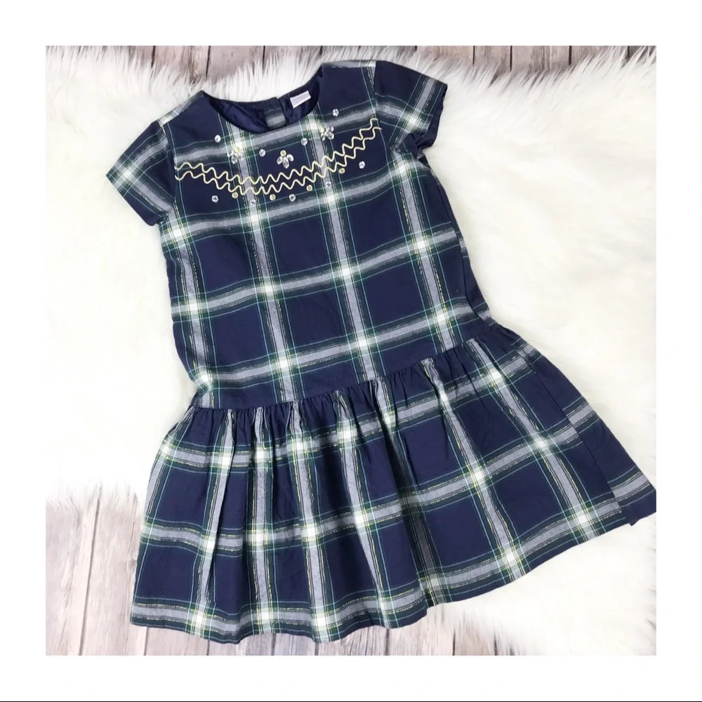 Gymboree Holiday Christmas Short Sleeve Embellished Plaid Dress Navy Blue Size 8